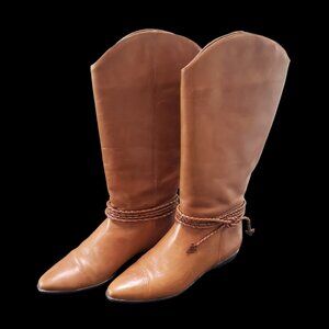Vintage SCRUPLES Womens Tan Leather Braided Tall Knee Riding Boots 8.5 B in Box